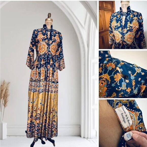 Vintage 1970s Oscar de la Renta Navy and Gold Maxi Dress Size 8 READ DESCRIPTION - Picture 1 of 11